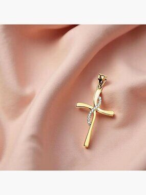14K Two-Tone Gold Cross Pendant | CZ Ribbon Cross Charm Gift